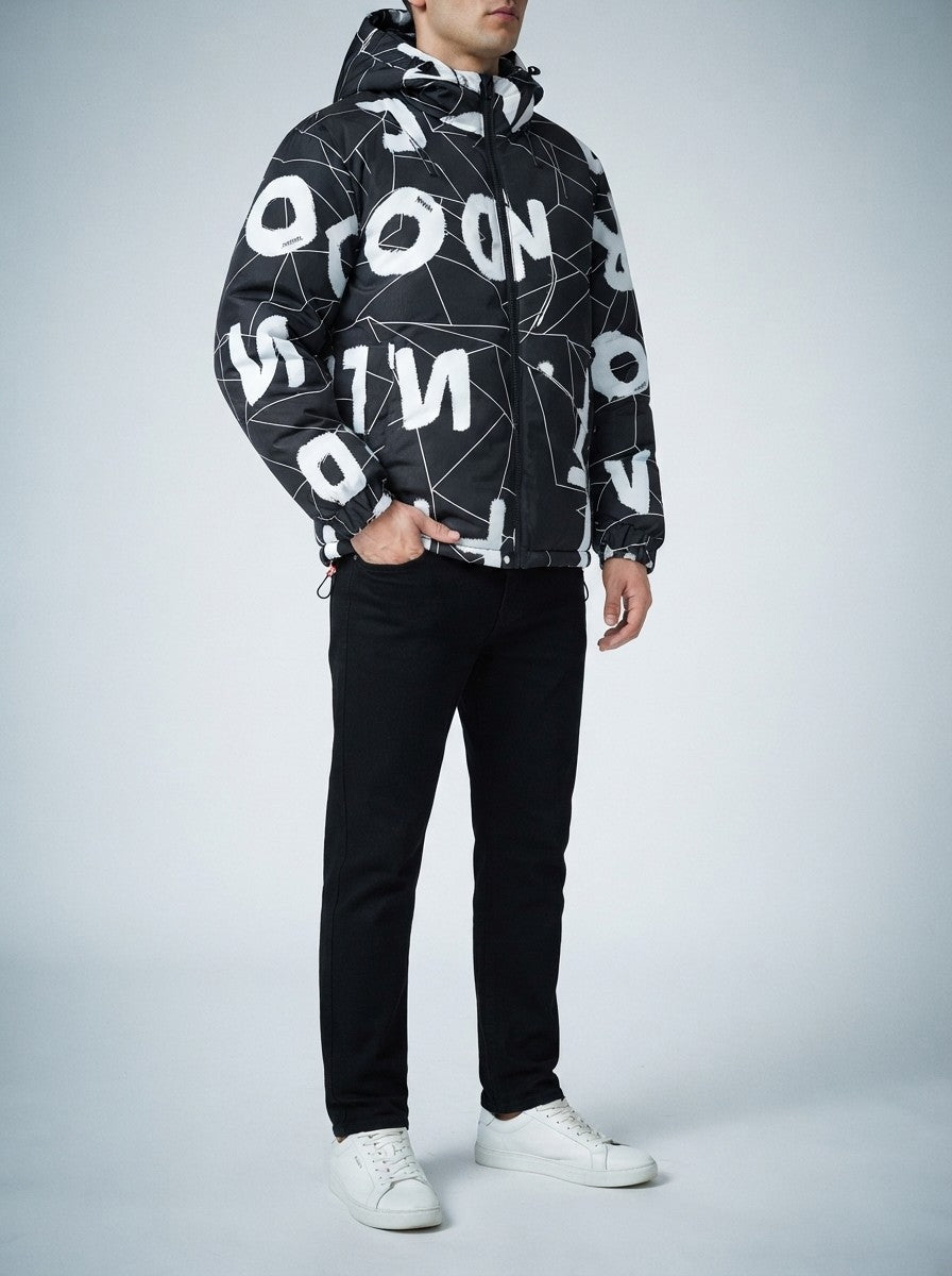 Men's Autumn Abstract Print Hooded Padded Jacket with Drawcord Hem