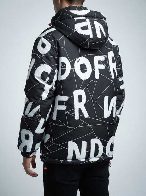 Men's Autumn Abstract Print Hooded Padded Jacket with Drawcord Hem