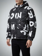 Men's Autumn Abstract Print Hooded Padded Jacket with Drawcord Hem