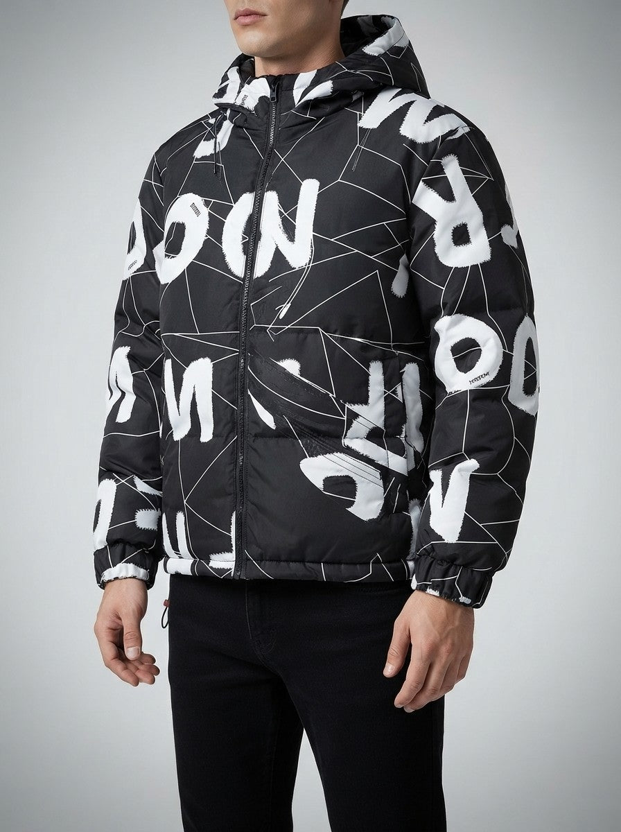 Men's Autumn Abstract Print Hooded Padded Jacket with Drawcord Hem
