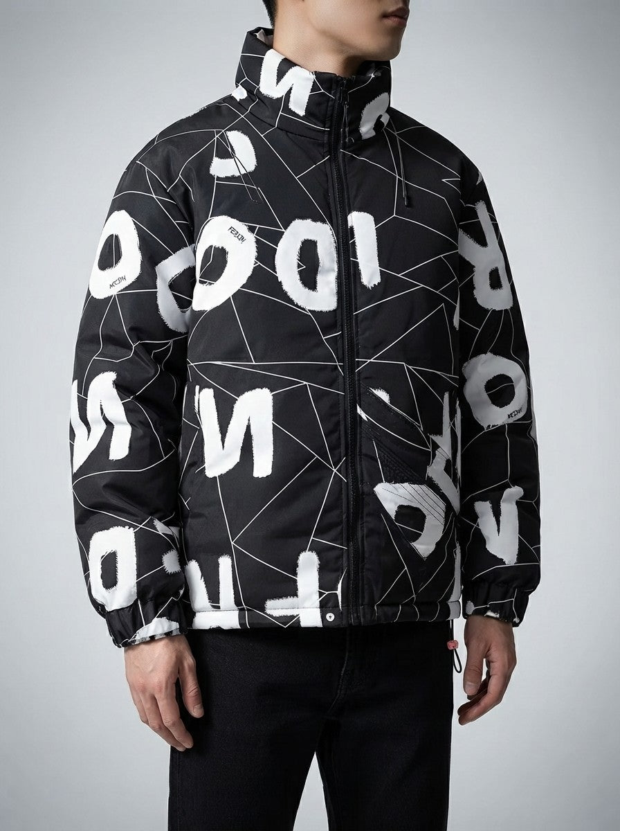 Men's Autumn Abstract Print Hooded Padded Jacket with Drawcord Hem
