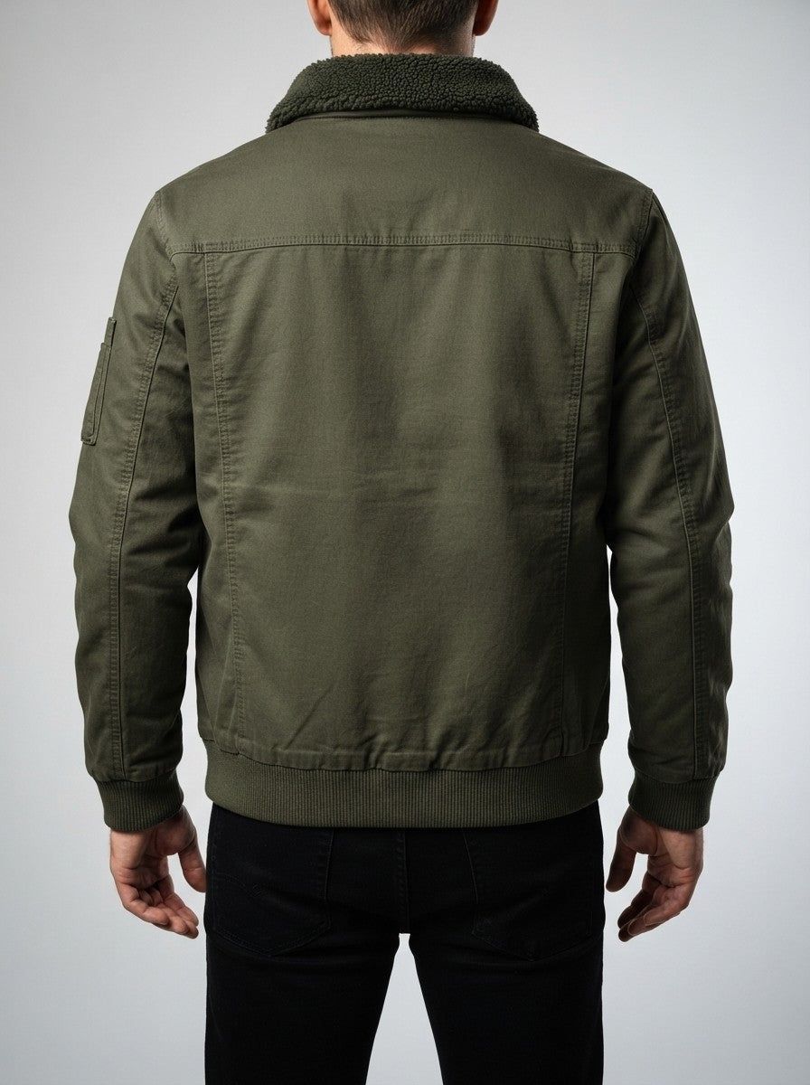 Men's Autumn Borg Collar Flight Jacket with Zip Sleeve Pocket