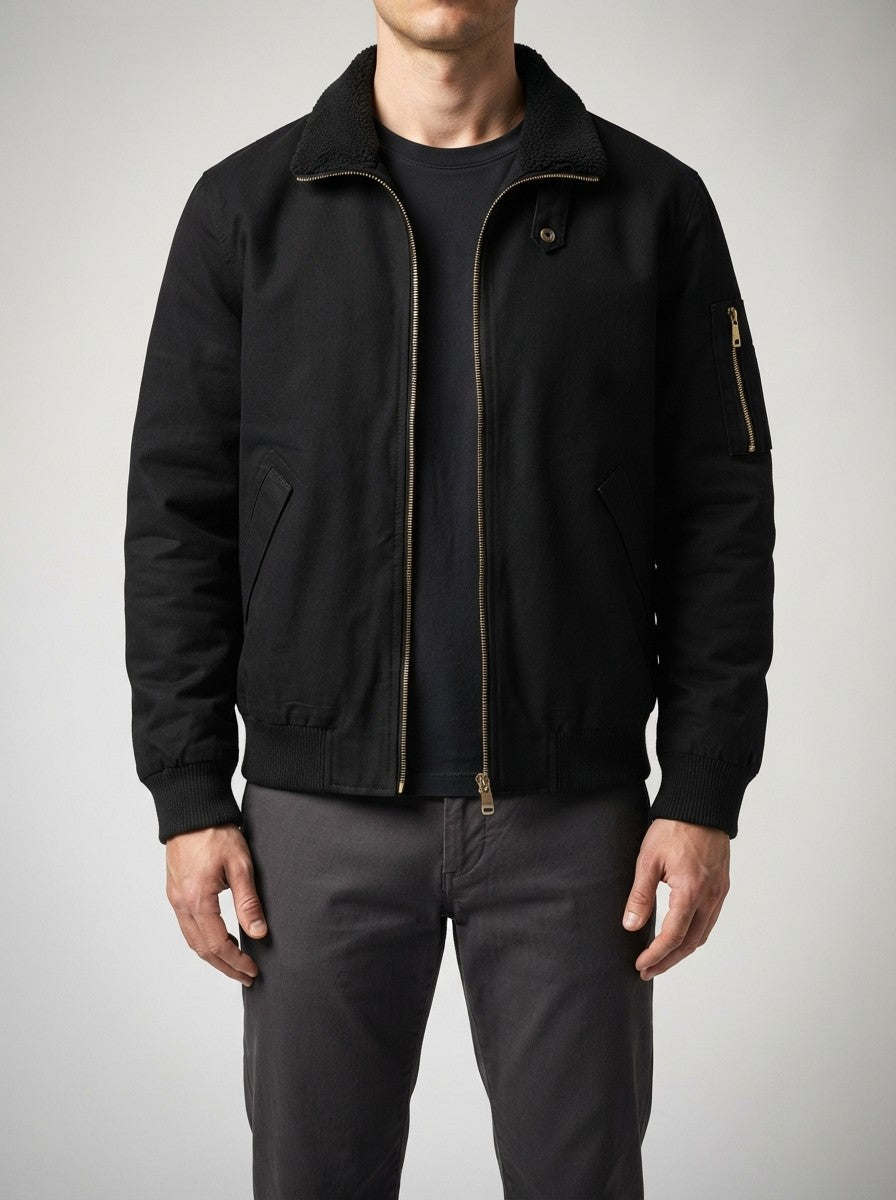 Men's Autumn Borg Collar Flight Jacket with Zip Sleeve Pocket