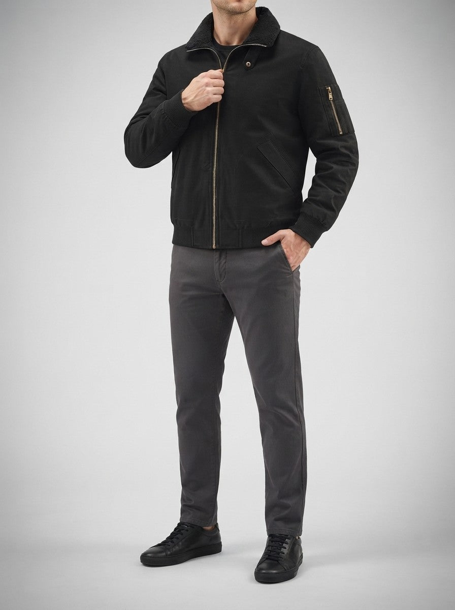 Men's Autumn Borg Collar Flight Jacket with Zip Sleeve Pocket