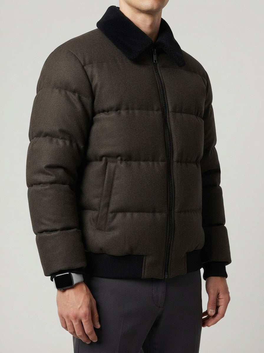 Men's Autumn Box Quilted Puffer Jacket with Fur Collar