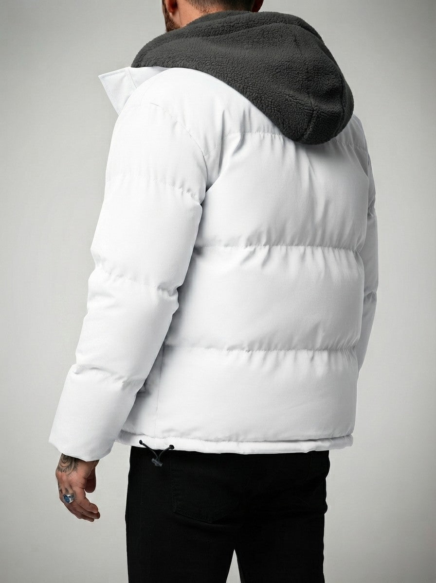 Men's Autumn Box Quilted Puffer Jacket with Layered Fleece Hood