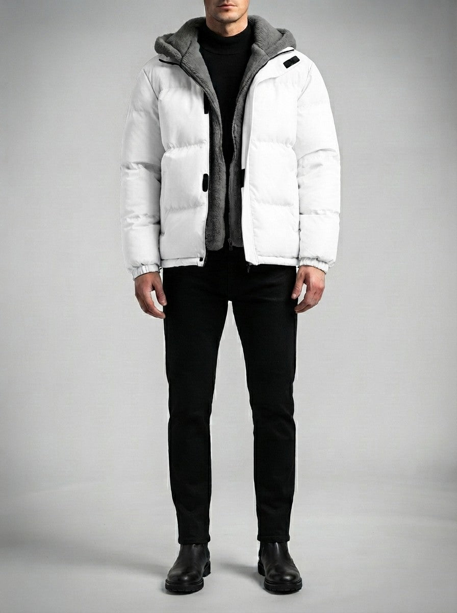 Men's Autumn Box Quilted Puffer Jacket with Layered Fleece Hood