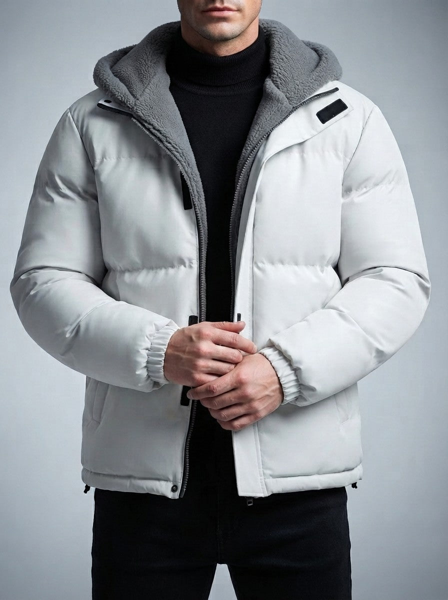 Men's Autumn Box Quilted Puffer Jacket with Layered Fleece Hood