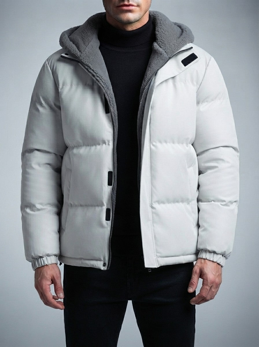 Men's Autumn Box Quilted Puffer Jacket with Layered Fleece Hood