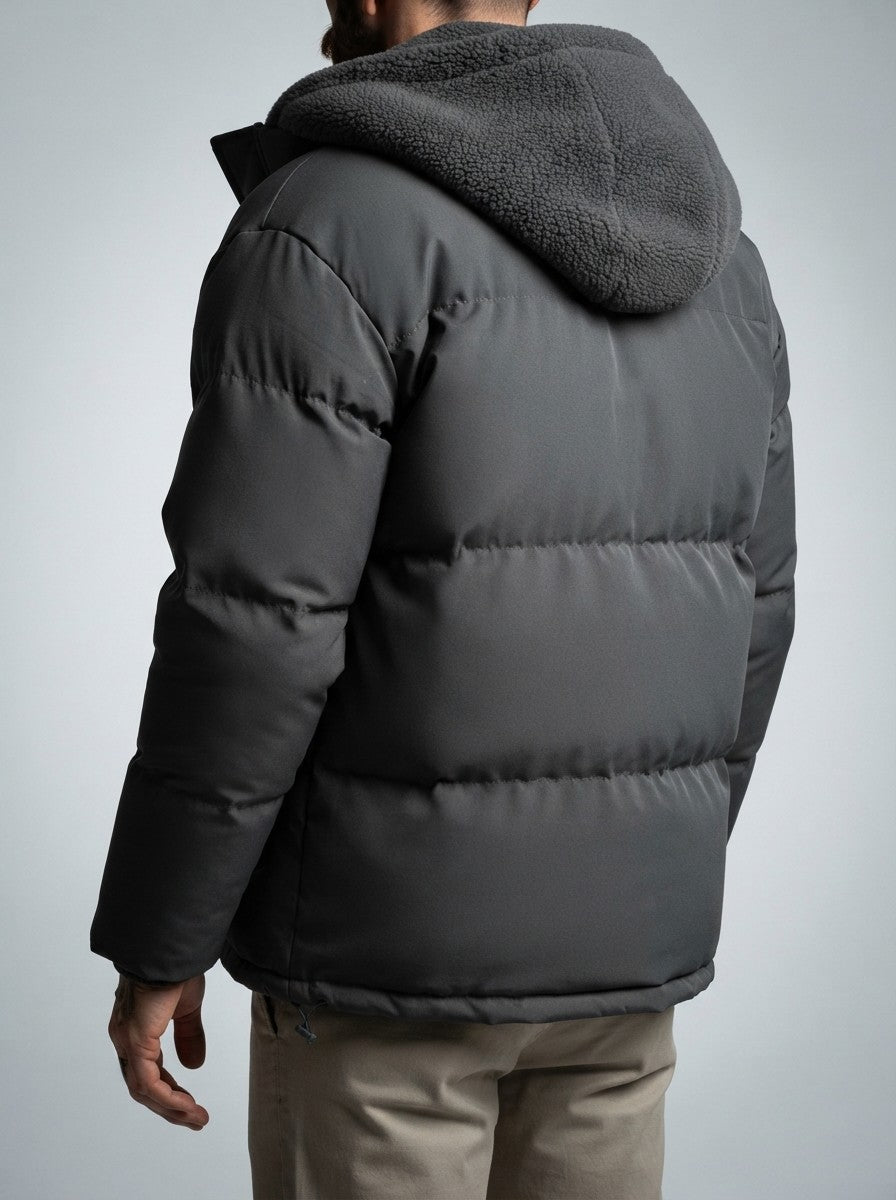 Men's Autumn Box Quilted Puffer Jacket with Layered Fleece Hood