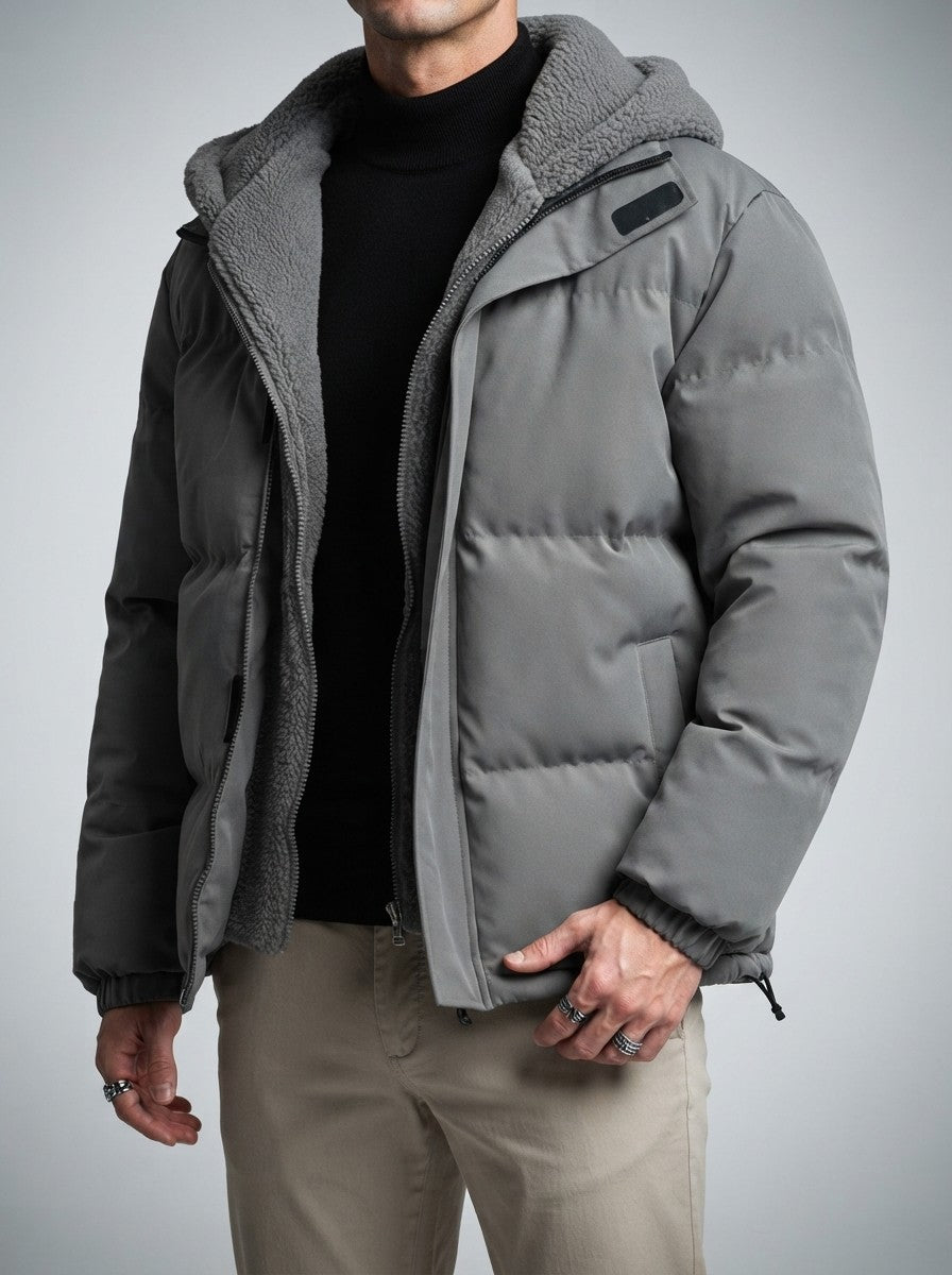 Men's Autumn Box Quilted Puffer Jacket with Layered Fleece Hood