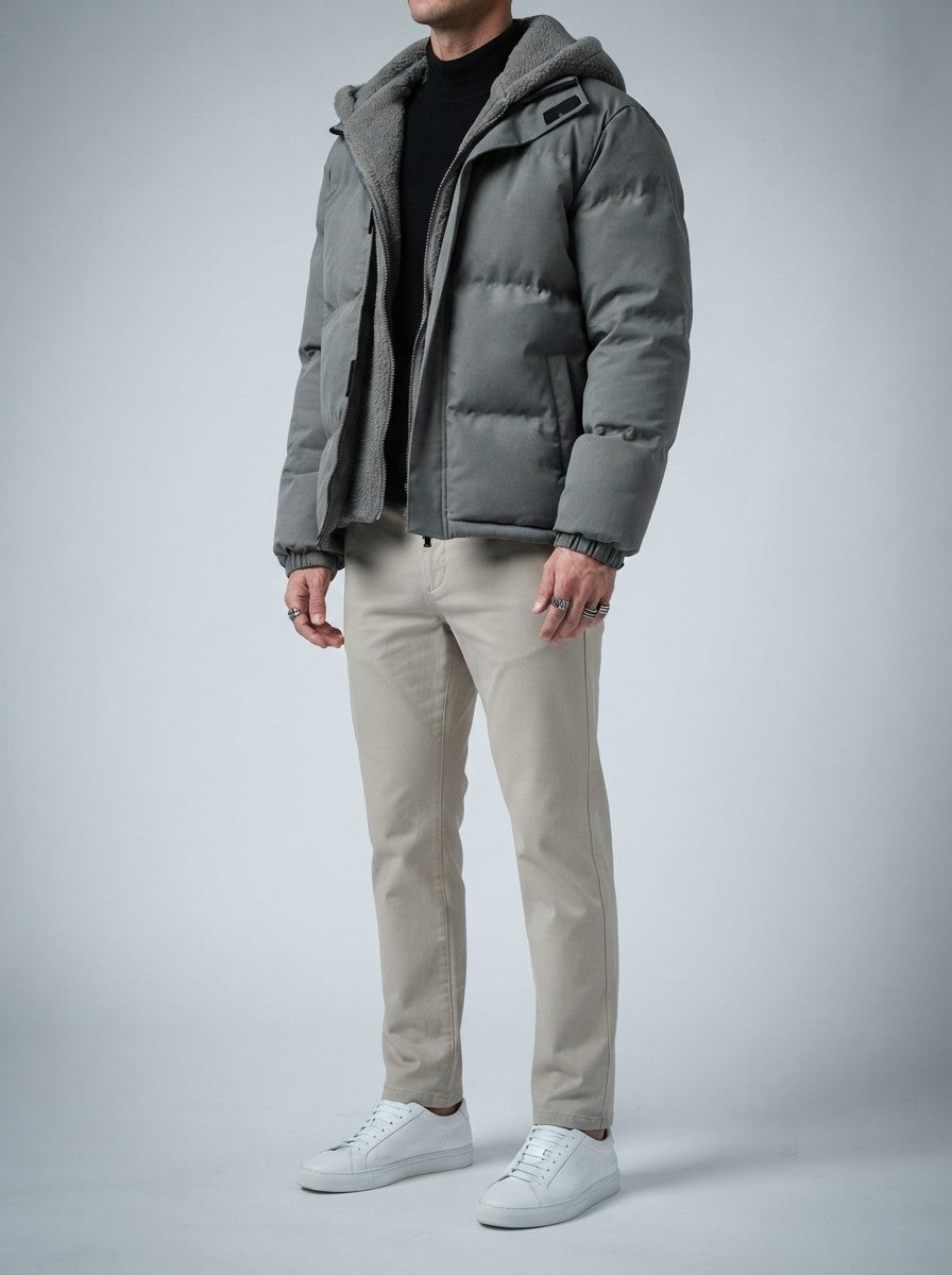 Men's Autumn Box Quilted Puffer Jacket with Layered Fleece Hood