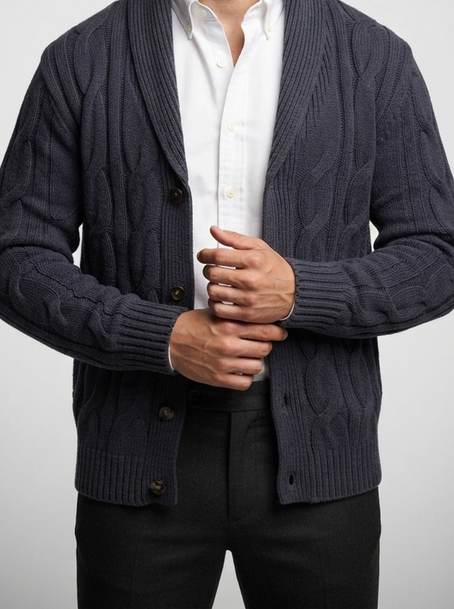 Men's Autumn Cable Knit Cardigan with Shawl Collar