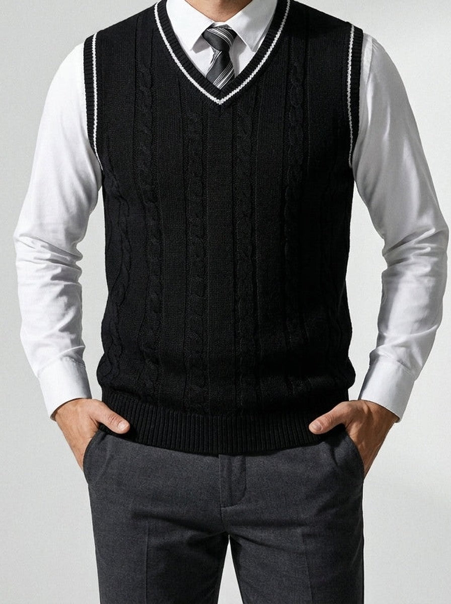 Men's Autumn Cable Knit Sleeveless Jumper Vest with V-Neck