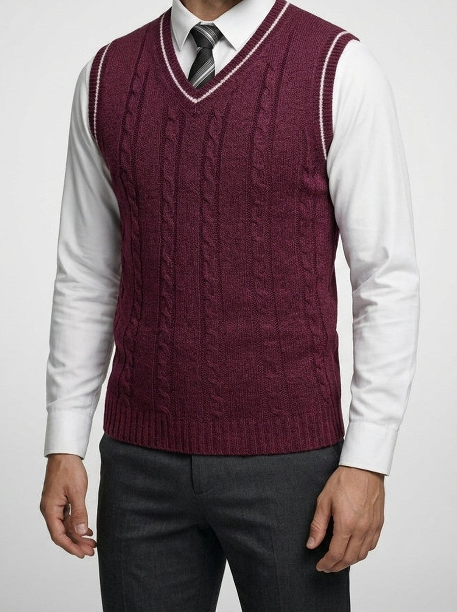 Men's Autumn Cable Knit Sleeveless Jumper Vest with V-Neck