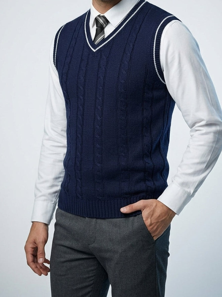 Men's Autumn Cable Knit Sleeveless Jumper Vest with V-Neck