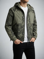 Men's Autumn Camo Hooded Windbreaker Jacket with Contrast Panels