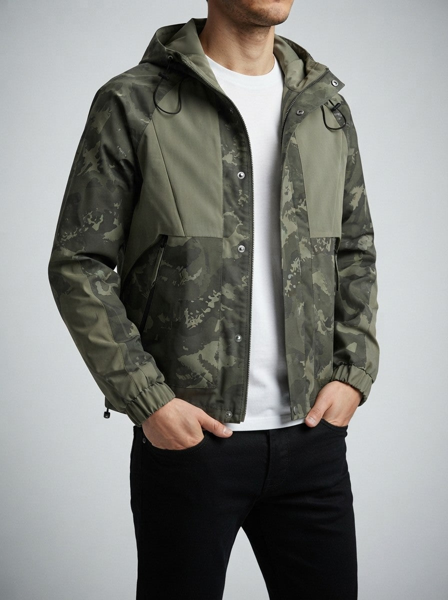 Men's Autumn Camo Hooded Windbreaker Jacket with Contrast Panels