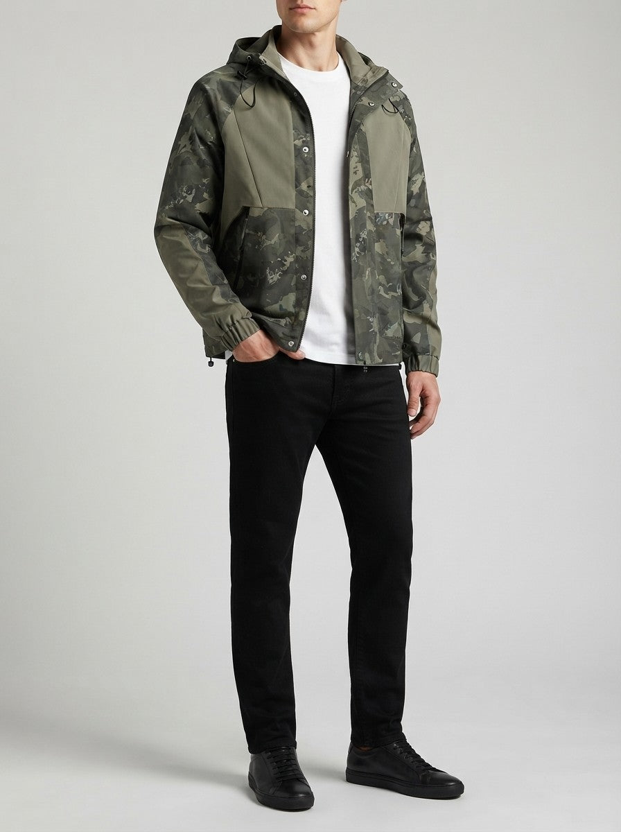 Men's Autumn Camo Hooded Windbreaker Jacket with Contrast Panels
