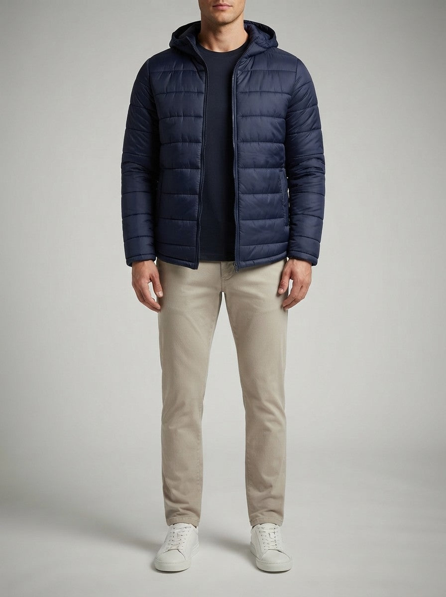 Men's Autumn Channel Quilted Puffer Jacket with Hood