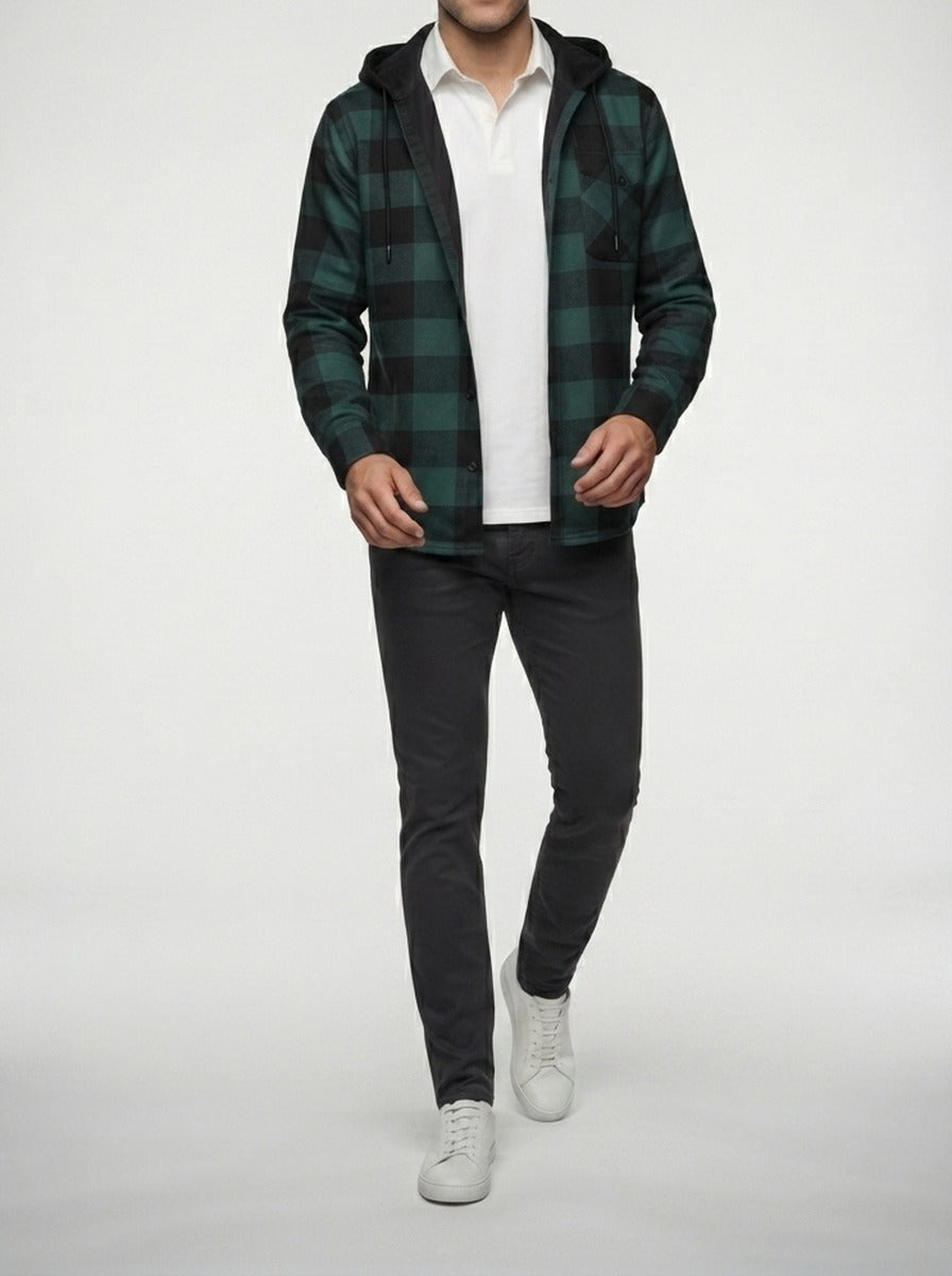 Men's Autumn Check Cotton Overshirt with Detachable Hood