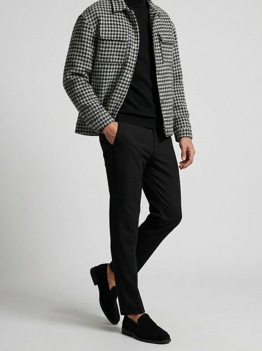 Men's Autumn Check Cropped Jacket with Spread Collar