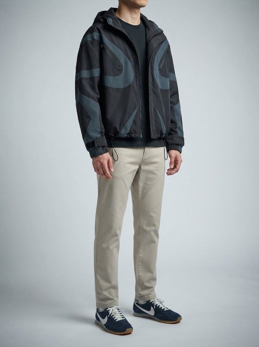 Men's Autumn Colour Block Hooded Windbreaker with Zip Chest Pockets