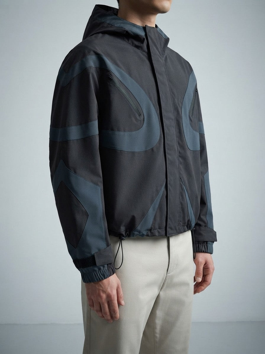Men's Autumn Colour Block Hooded Windbreaker with Zip Chest Pockets