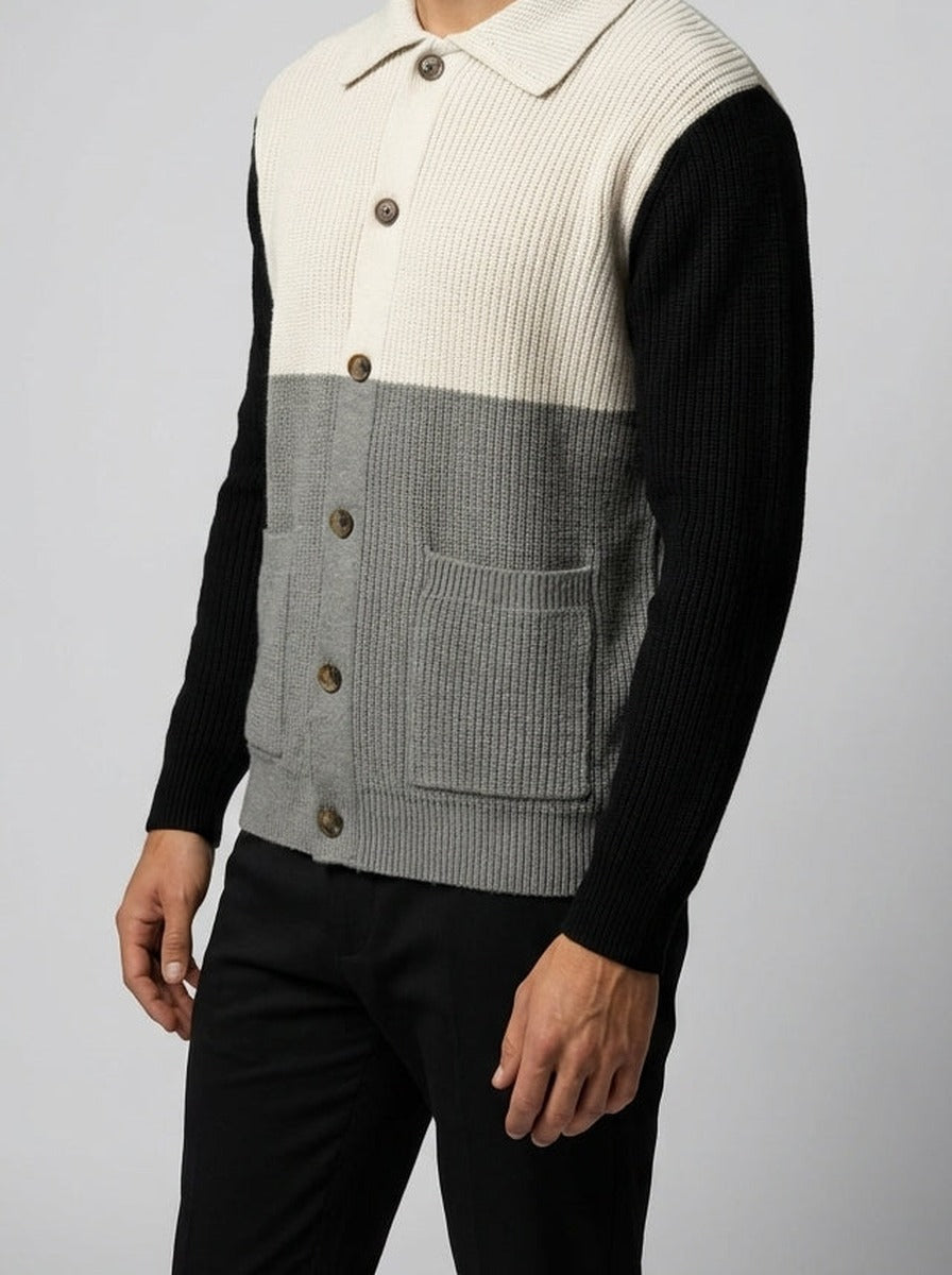 Men's Autumn Colour Block Knit Collared Cardigan