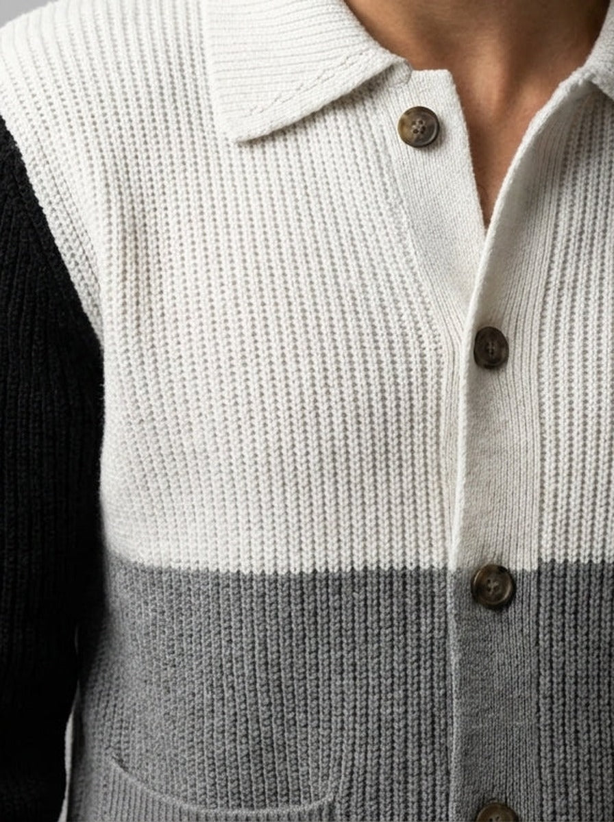 Men's Autumn Colour Block Knit Collared Cardigan