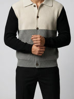 Men's Autumn Colour Block Knit Collared Cardigan