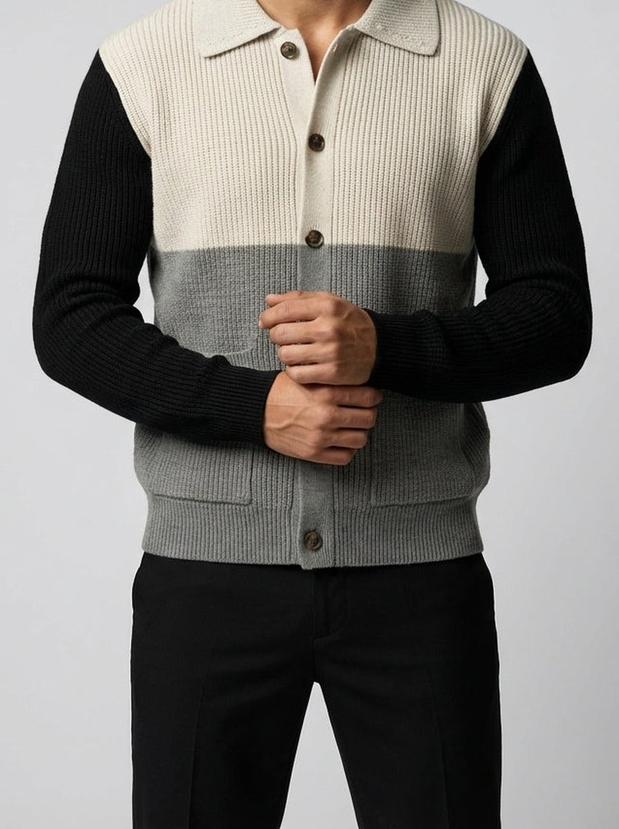 Men's Autumn Colour Block Knit Collared Cardigan