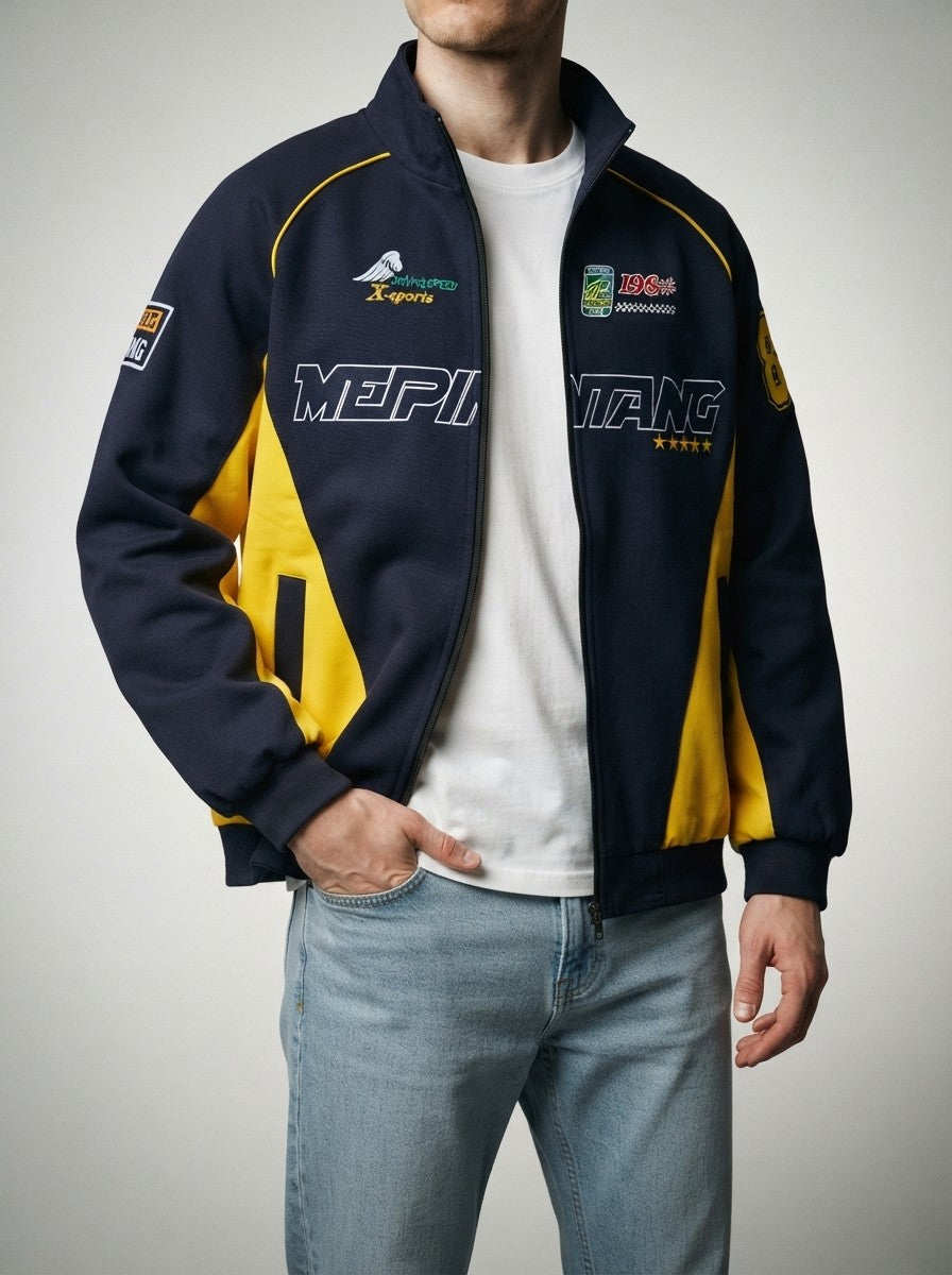 Men's Autumn Colour Block Racer Jacket with Embroidered Detail