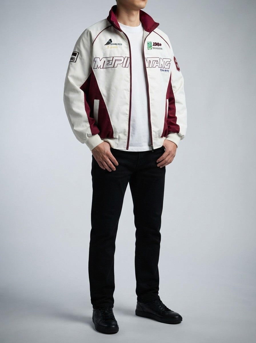 Men's Autumn Colour Block Racer Jacket with Embroidered Detail