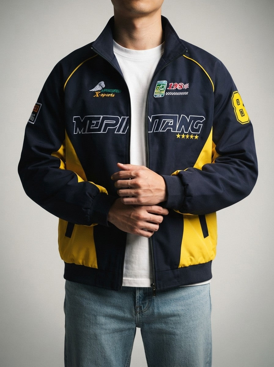 Men's Autumn Colour Block Racer Jacket with Embroidered Detail