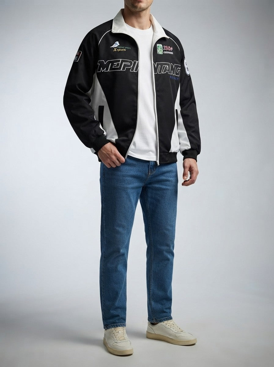 Men's Autumn Colour Block Racer Jacket with Embroidered Detail