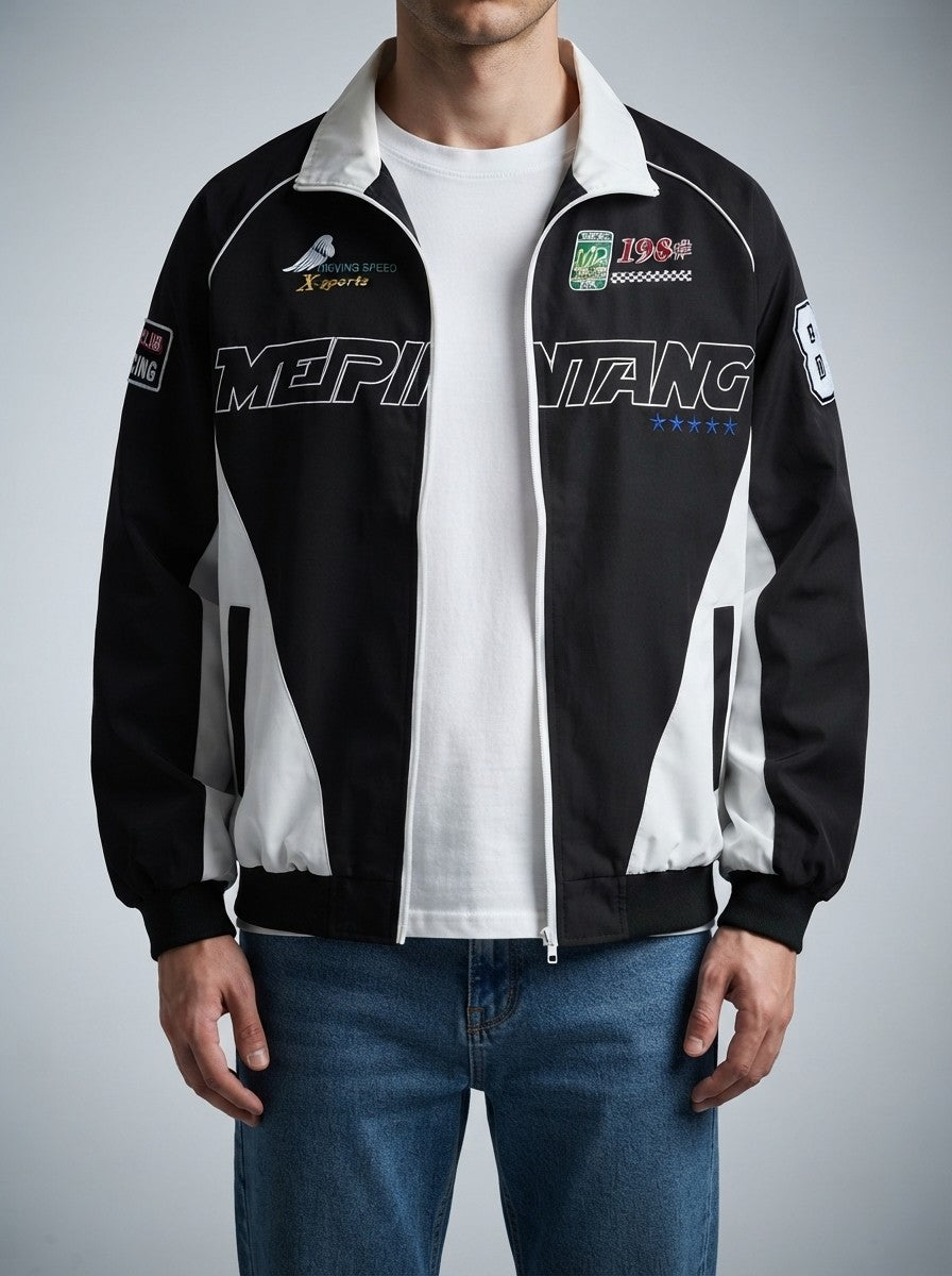 Men's Autumn Colour Block Racer Jacket with Embroidered Detail