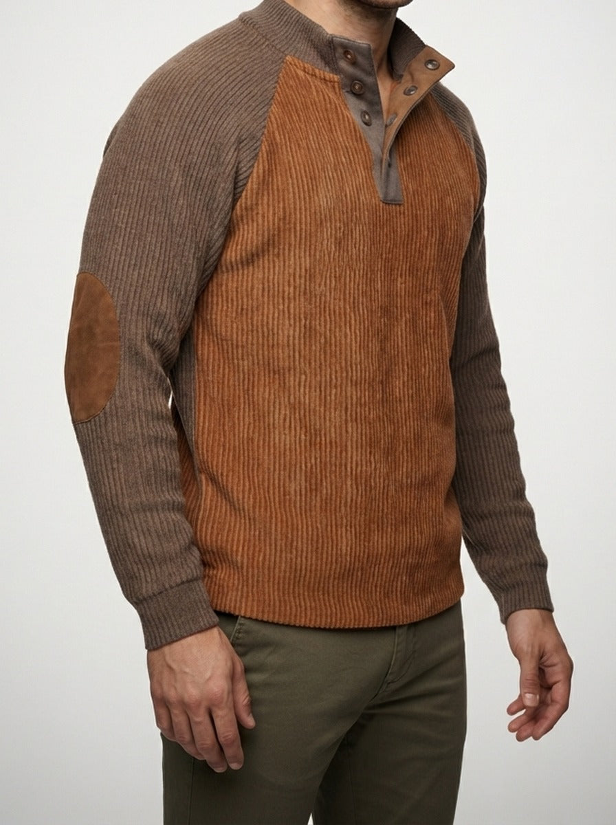Men's Autumn Colour Block Ribbed Knit Jumper with Button Stand Collar