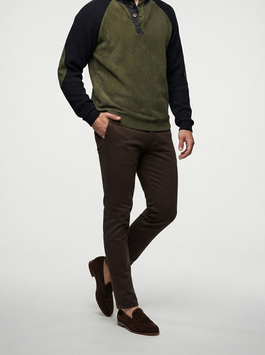 Men's Autumn Colour Block Ribbed Knit Jumper with Button Stand Collar