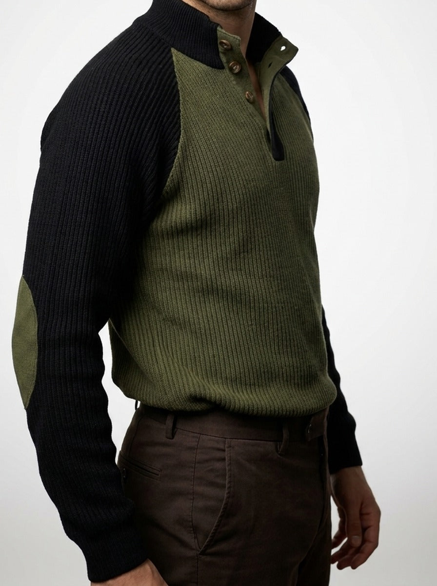 Men's Autumn Colour Block Ribbed Knit Jumper with Button Stand Collar