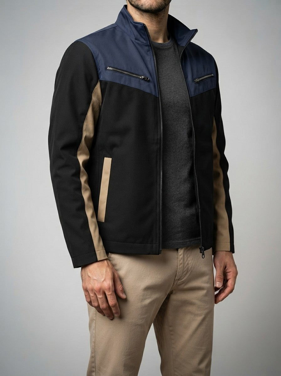Men's Autumn Colour Block Zip Jacket with Stand Collar