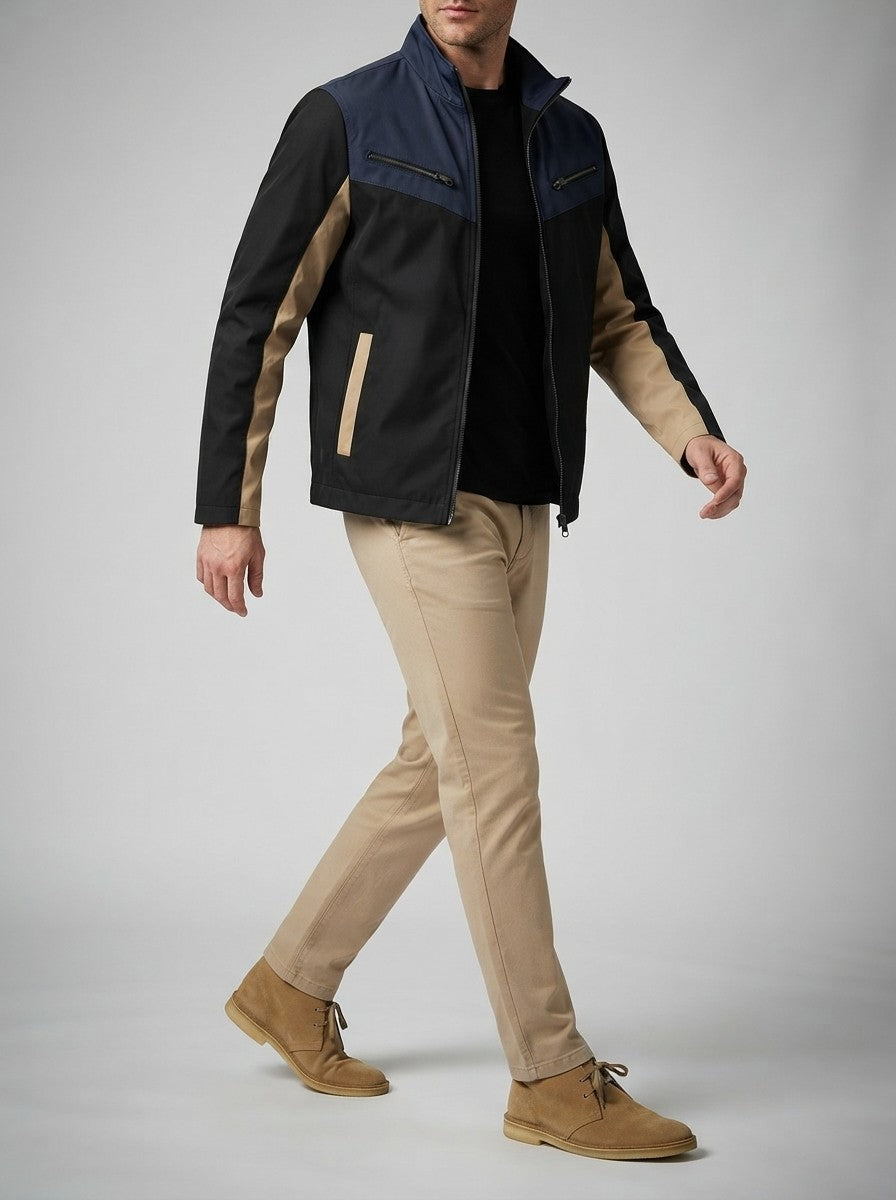 Men's Autumn Colour Block Zip Jacket with Stand Collar