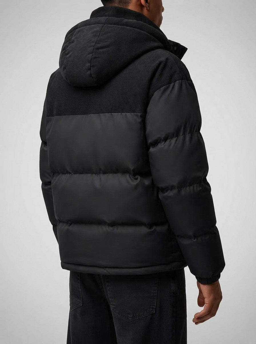 Men's Autumn Corduroy Contrast Puffer Jacket with Detachable Hood