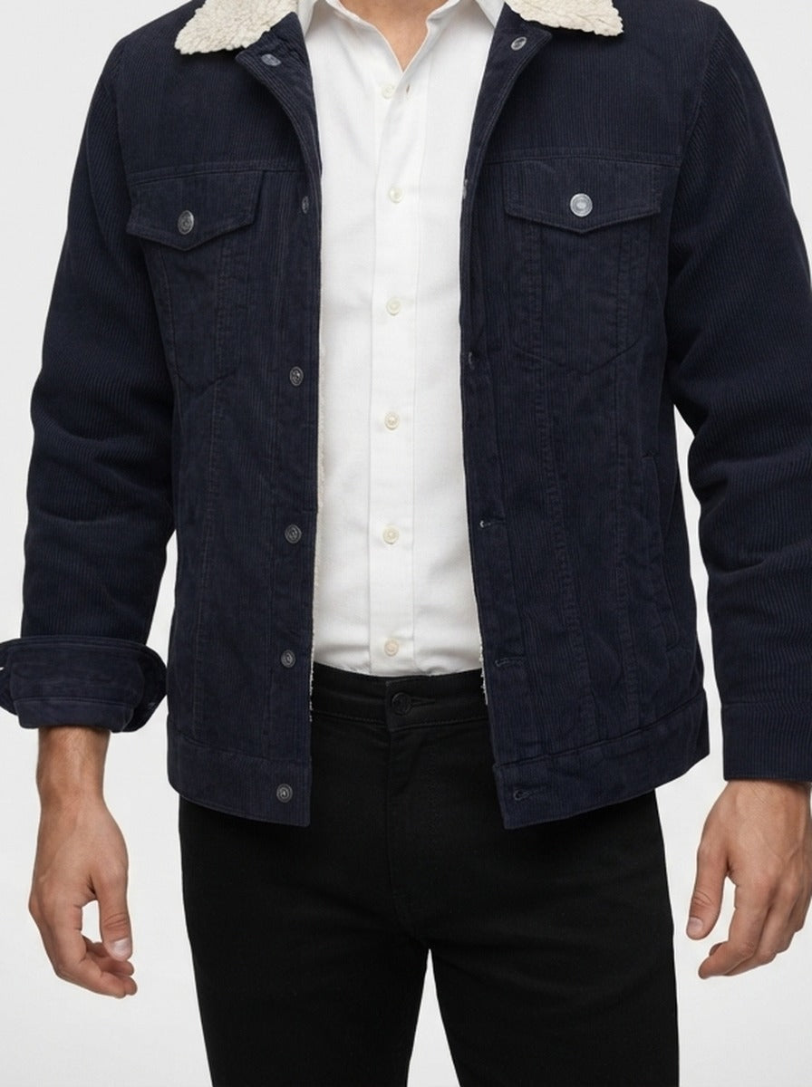 Men's Autumn Corduroy Trucker Jacket with Pile Collar