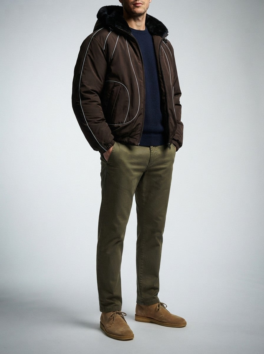 Men's Autumn Cropped Hooded Jacket with Faux Fur Lined Hood
