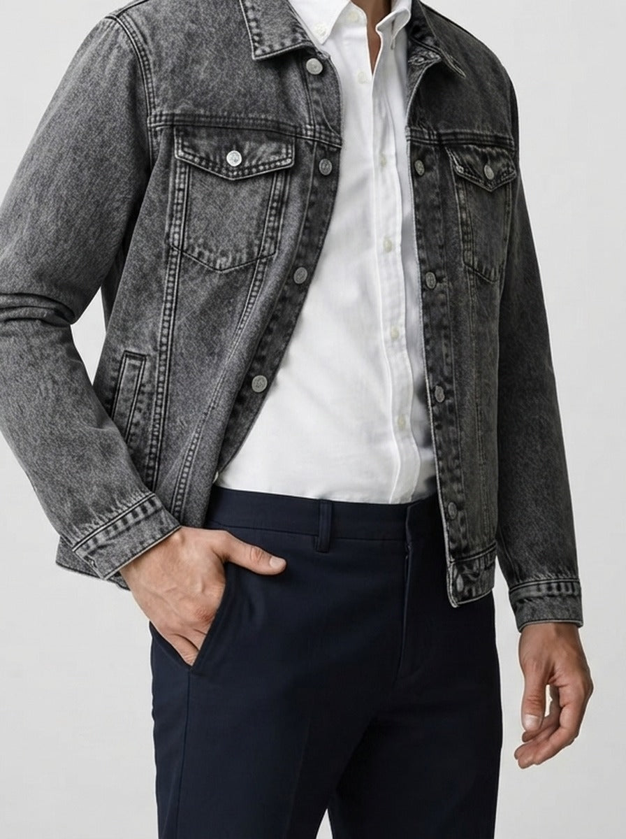 Men's Autumn Denim Trucker Jacket with Button Front