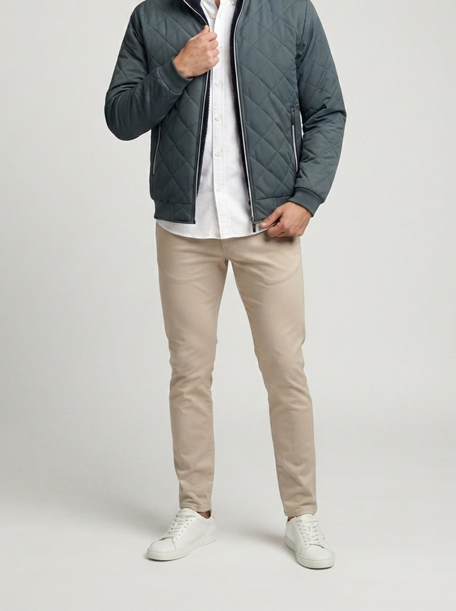 Men's Autumn Diamond Quilted Bomber Jacket with Contrast Tape Zip