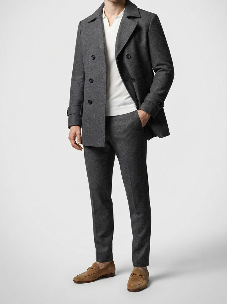 Men's Autumn Double Breasted Wool Overcoat with Notch Lapels