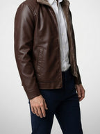 Men's Autumn Faux Leather Jacket with Pile Collar