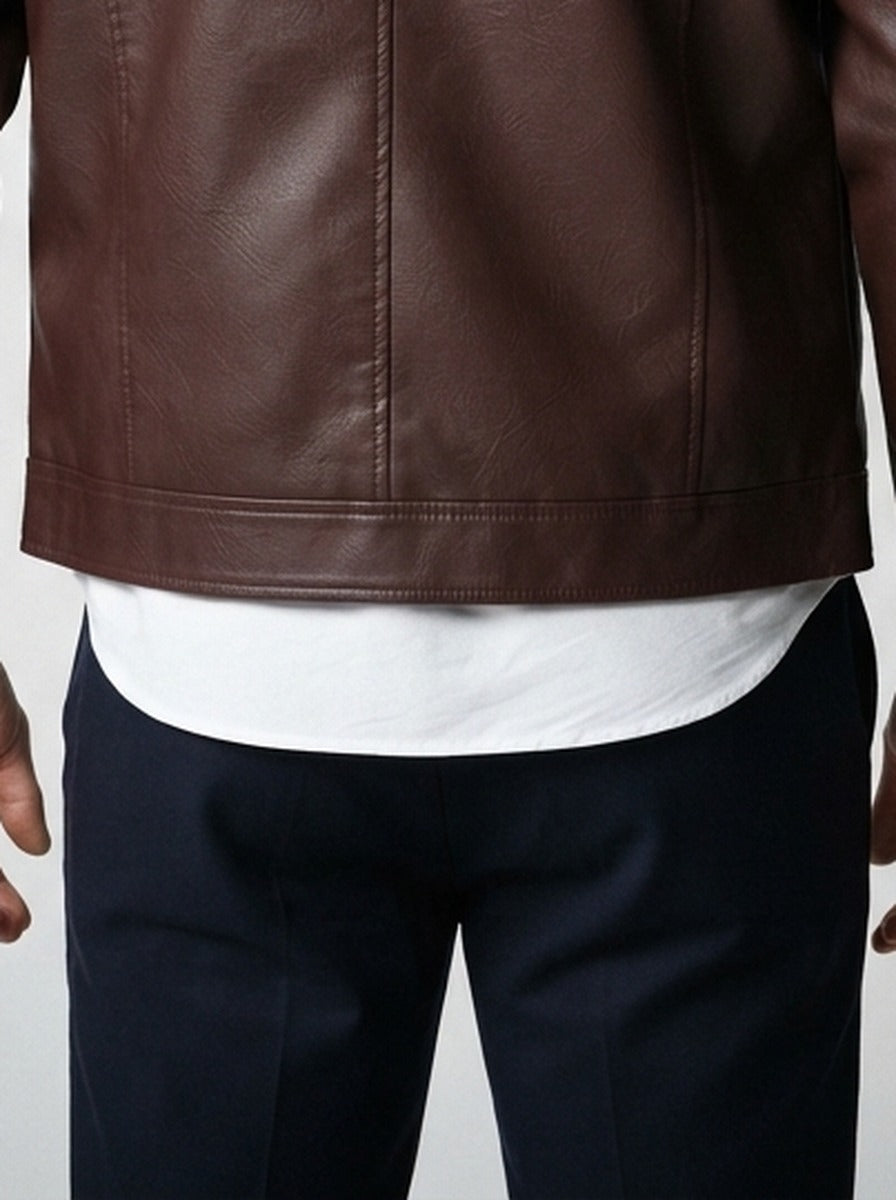 Men's Autumn Faux Leather Jacket with Pile Collar